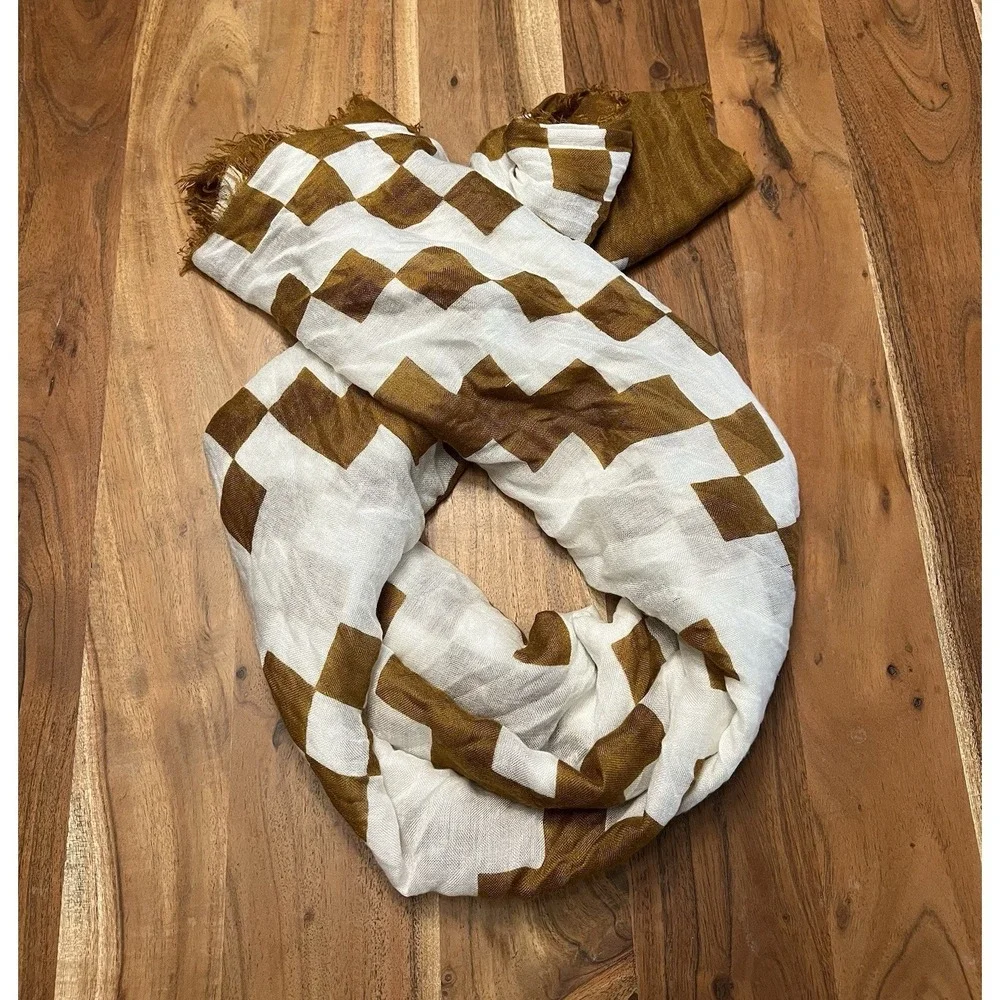 Geometric Diamond Scarf Brown Oversized Gauze Wrap Fringed Lightweight 50x46